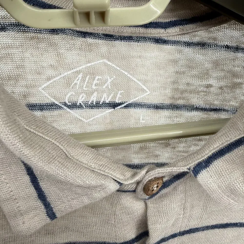 Alex Crane Shirt Mens L Cream Black Short Sleeve European Linen Striped Summer